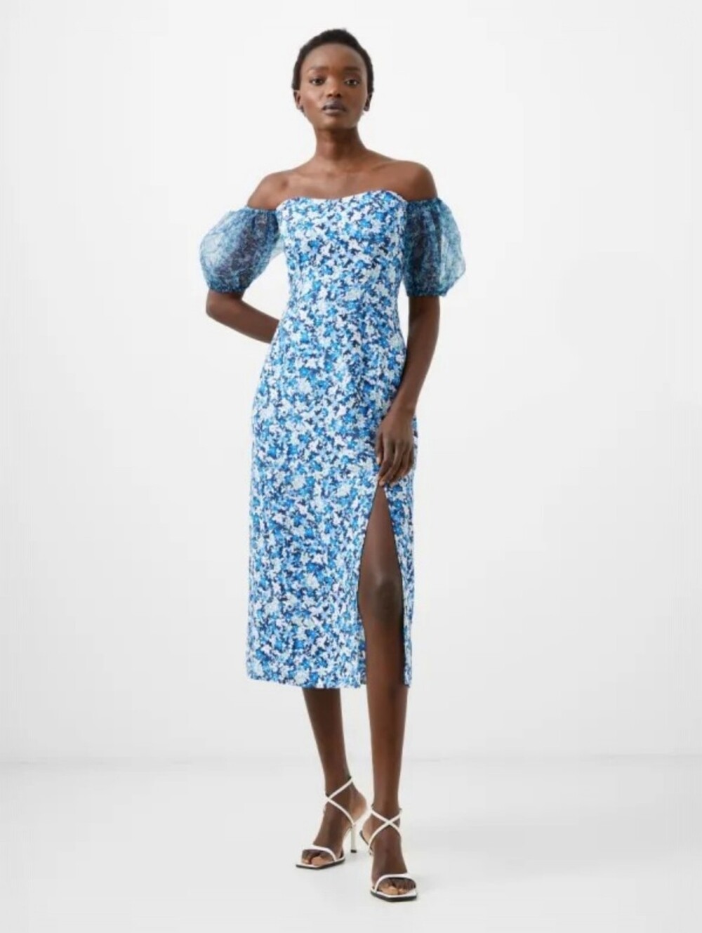 French Connection Clara Textured Puff Sleeve Midi Dress, 2, Garden Romantic